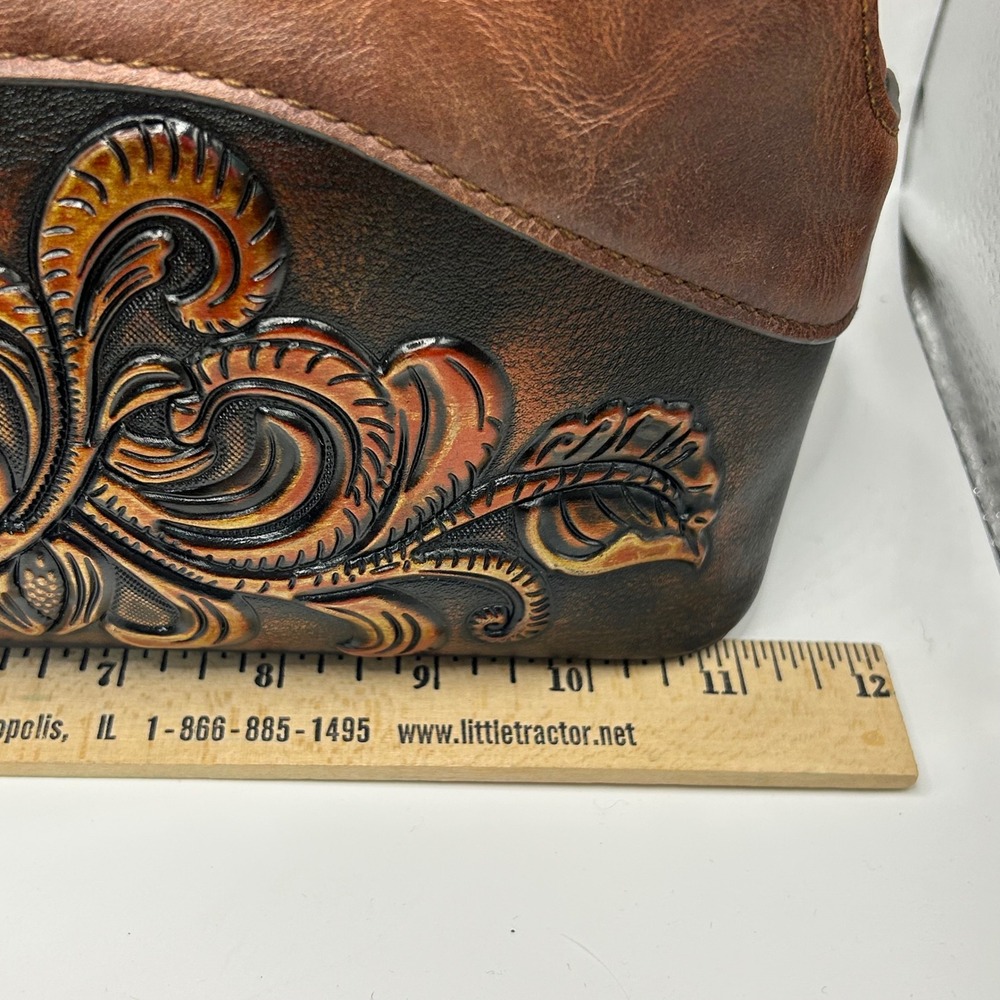 Floral Embossed Brown Faux Leather Doctor Bag Satchel Bamboo Handle Western Boho - Picture 4 of 9